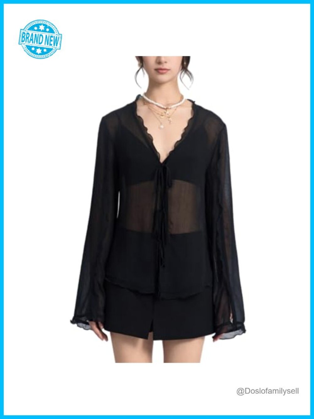 Womens Sheer Mesh Tie Front Top Lace V Neck Ruffle Slim Fit Blouse Beach Cover
